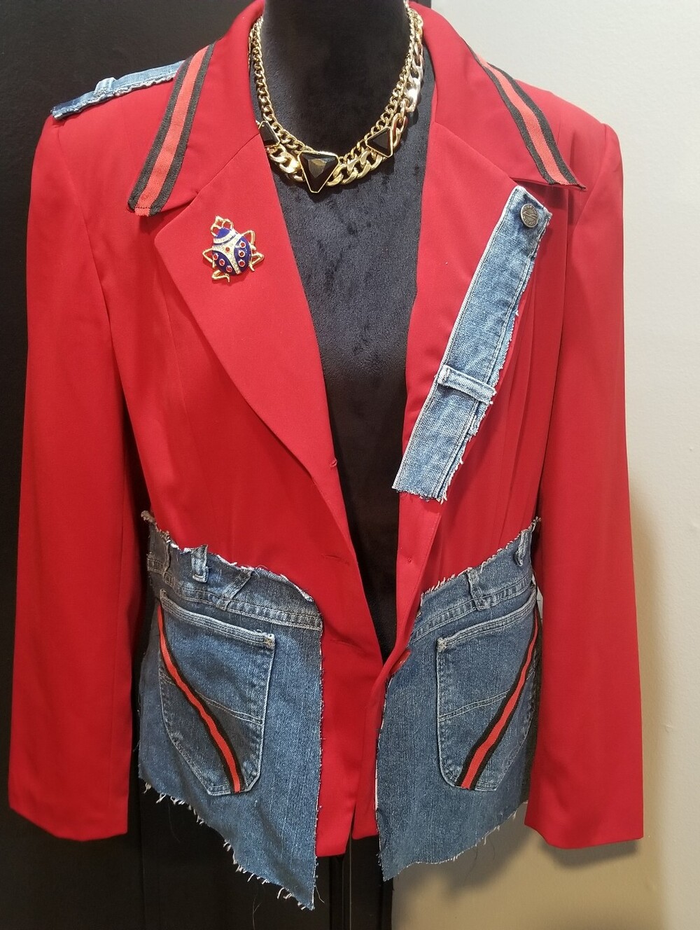 Red Custom Blazer with Denim Patch Details